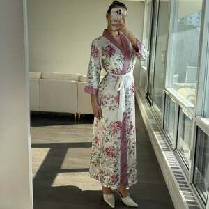 Vintage Floral Maxi Robe, Cottagecore Pink White Silky Kimono - Size S